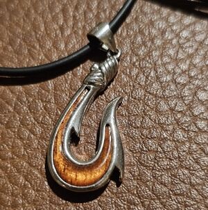 HAWAIIAN KOA WOOD FISH HOOK PENDANT Necklace Genuine Inlay Sterling Silver 925
